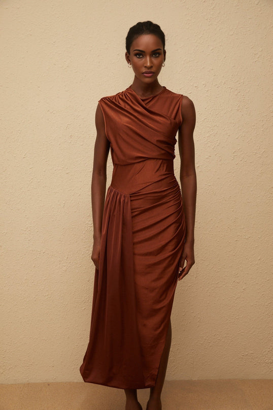 Ivanka Maxi Dress in Brown Sleeveless Crew Neck Fitted Waistline Ruched Detailing Asymmetrical Design Side Slit Slip-On Style Maxi Length Luxurious Blend of Terylene and Elastane