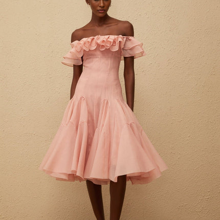 Ivanka Midi Dress Pink Off-Shoulder Ruffled Godet Puff Skirt
