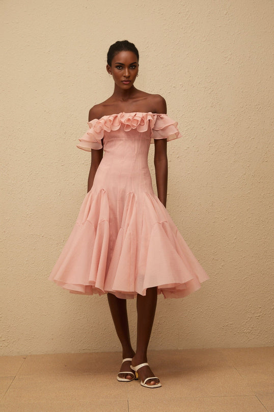 Ivanka Midi Dress Pink Off-Shoulder Ruffled Godet Puff Skirt
