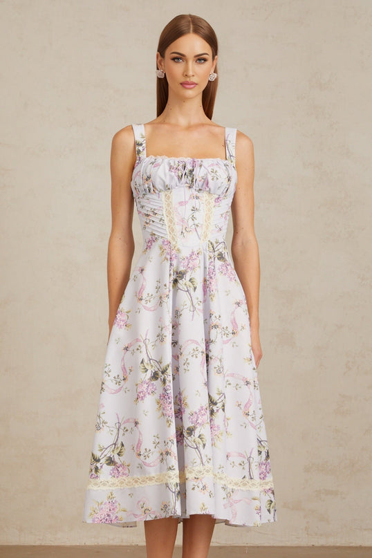 Ivanka Midi Dress in Purple Floral Lace Lilac Multicolor