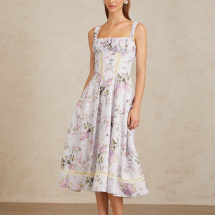 Ivanka Midi Dress in Purple Lilac Multicolor Elegant Square Neck Sleeveless Floral Lace Trim Boned Bodice Fitted Waistline Self-Tie Bow Shirred Flounce Skirt Special Occasion Cotton Spandex Blend Rear Zip Fastening