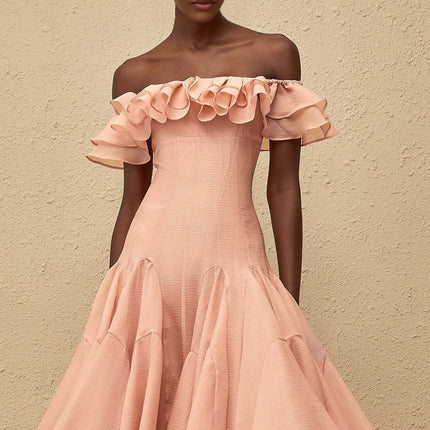 Ivanka Pink Midi Dress with Ruffled Detailing and Godet Design