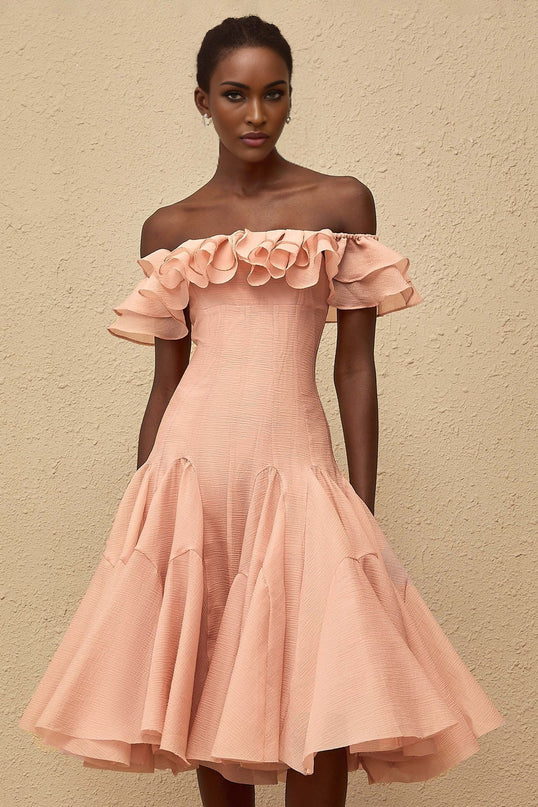 Ivanka Pink Midi Dress with Ruffled Detailing and Godet Design