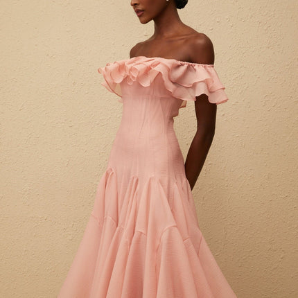 Ivanka Pink Midi Dress Off Shoulder Ruffled Godet Design Puff Skirt Rear Zip Fastening Terylene Fiber