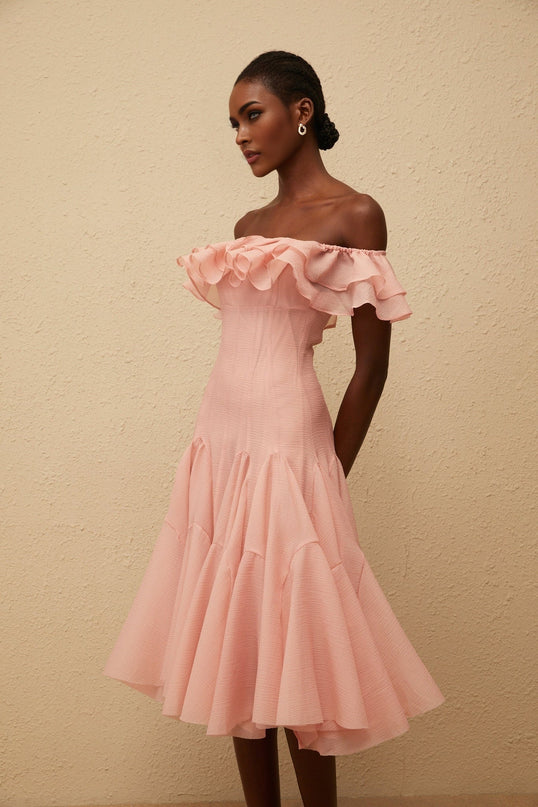 Ivanka Pink Midi Dress Off Shoulder Ruffled Godet Design Puff Skirt Rear Zip Fastening Terylene Fiber