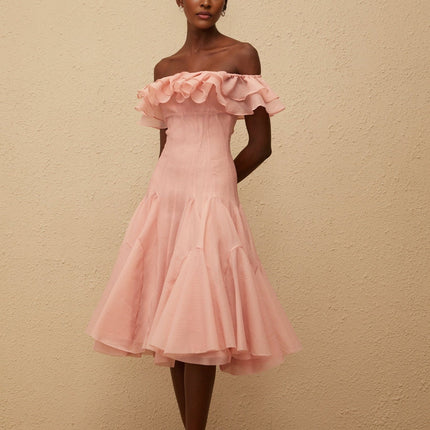 Ivanka Pink Midi Dress with Ruffled Detailing and Godet Design