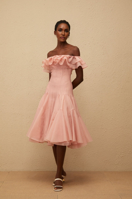 Ivanka Pink Midi Dress with Ruffled Detailing and Godet Design