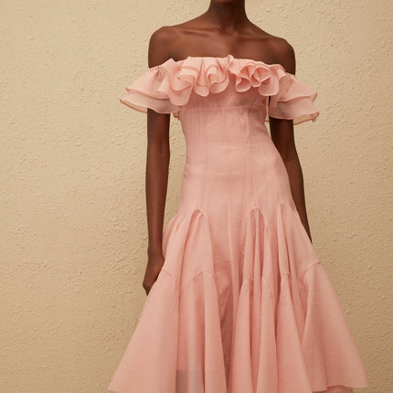 Ivanka Pink Midi Dress Off-Shoulder Ruffle Godet Puff Skirt Rear Zip Terylene Fiber