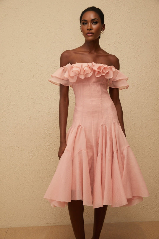 Ivanka Pink Midi Dress Off-Shoulder Ruffle Godet Puff Skirt Rear Zip Terylene Fiber