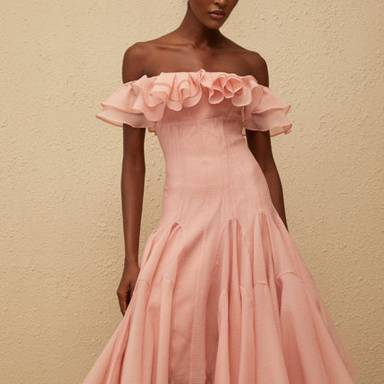Ivanka Pink Midi Dress Off Shoulder Ruffle Godet Design