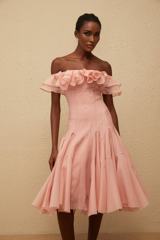 Ivanka Pink Midi Dress Off Shoulder Ruffle Godet Design