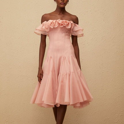 Ivanka Pink Midi Dress Sleeveless Ruffled Godet Design