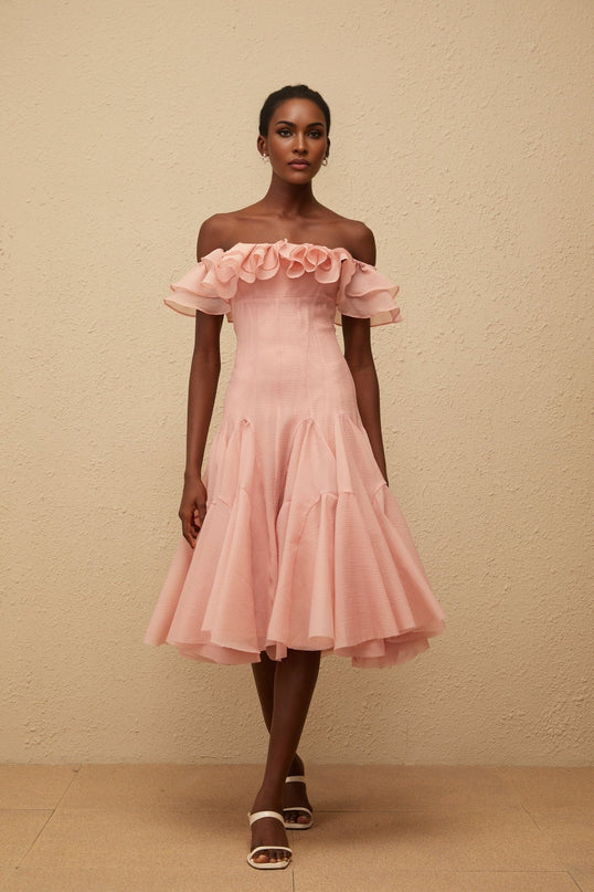 Ivanka Pink Midi Dress Sleeveless Ruffled Godet Design