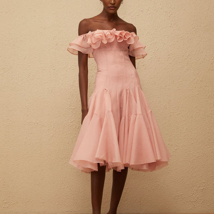 Ivanka Pink Midi Dress Off Shoulder Ruffle Godet Design