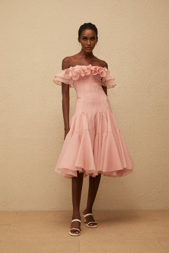 Ivanka Pink Midi Dress Off Shoulder Ruffle Godet Design