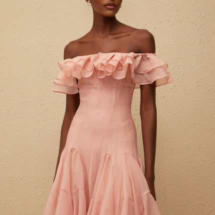 Ivanka Pink Midi Dress with Off-the-Shoulder Silhouette and Godet Design