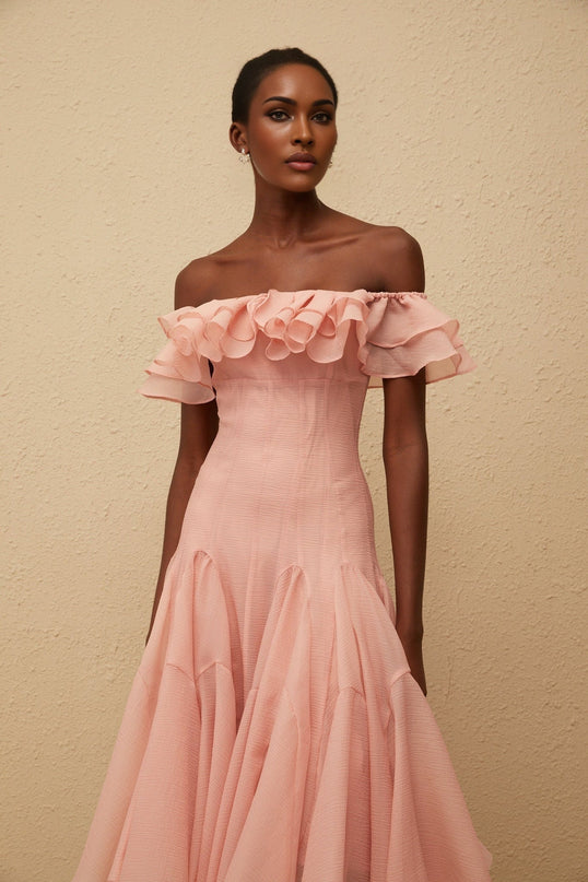Ivanka Pink Midi Dress with Off-the-Shoulder Silhouette and Godet Design