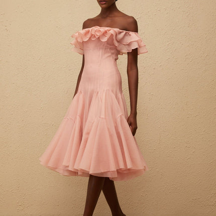 Ivanka Pink Midi Dress Off Shoulder Sleeveless Ruffled Godet Puff Skirt Rear Zip 100% Terylene Fiber