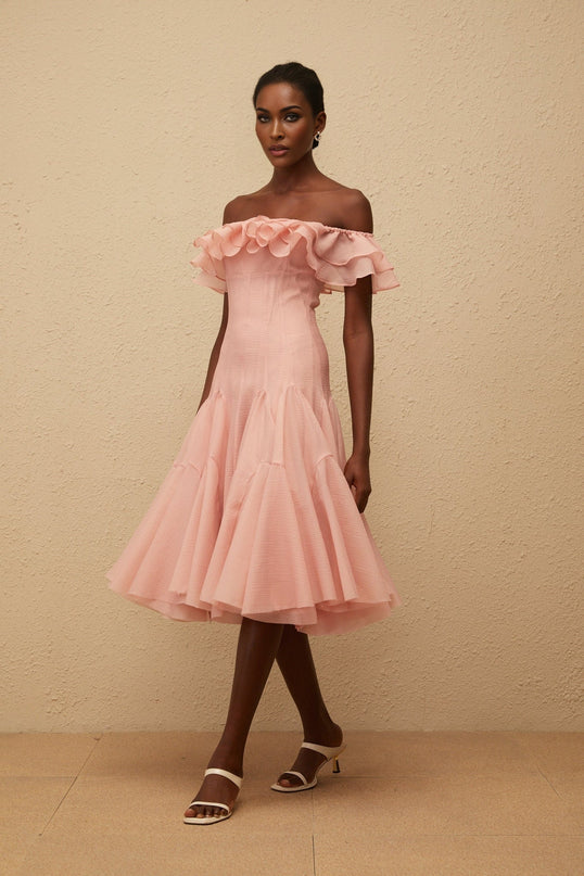 Ivanka Pink Midi Dress Off Shoulder Sleeveless Ruffled Godet Puff Skirt Rear Zip 100% Terylene Fiber
