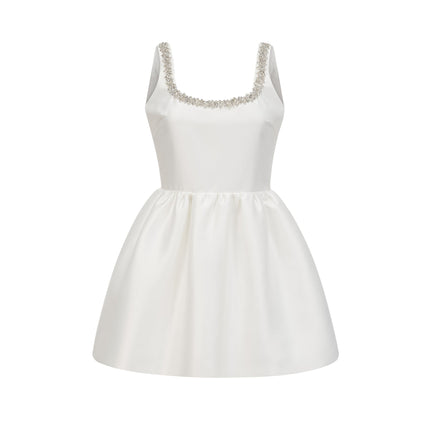 Ivanka White Crystal Embellished Mini Dress Square Neck Sleeveless A-Line Skirt Rear Zip Fastening