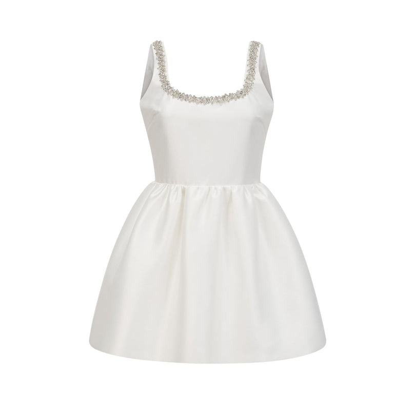Ivanka White Crystal Embellished Mini Dress Square Neck Sleeveless A-Line Skirt Rear Zip Fastening