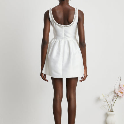 Ivanka White Crystal Embellished Mini Dress Square Neck Sleeveless Cinched Waist A-Line Skirt Rear Zip Fastening Luxury Blend Polyester Viscose