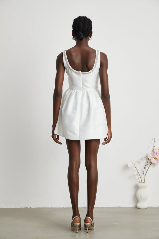 Ivanka White Crystal Embellished Mini Dress Square Neck Sleeveless Cinched Waist A-Line Skirt Rear Zip Fastening Luxury Blend Polyester Viscose