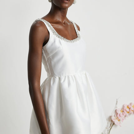 Ivanka White Crystal Embellished Mini Dress Square Neck Sleeveless Cinched Waist A-Line Skirt Rear Zip Fastening Luxurious Blend Polyester Viscose