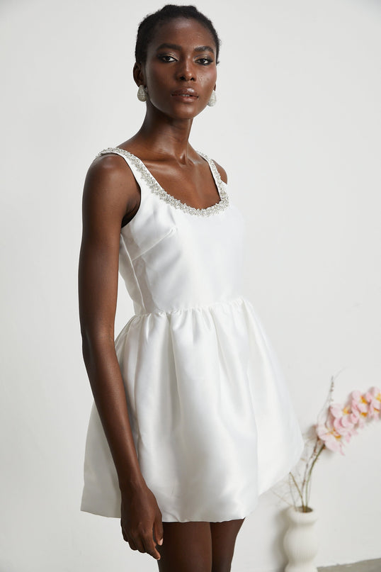 Ivanka White Crystal Embellished Mini Dress Square Neck Sleeveless Cinched Waist A-Line Skirt Rear Zip Fastening Luxurious Blend Polyester Viscose