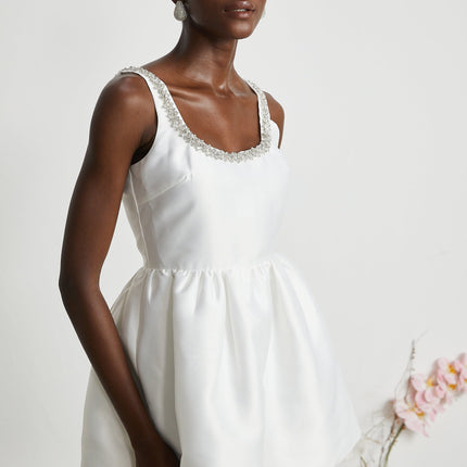 Ivanka White Crystal Embellished Mini Dress Square Neck Sleeveless Cinched Waist A-Line Skirt Rear Zip Fastening Polyester Viscose Luxury Style
