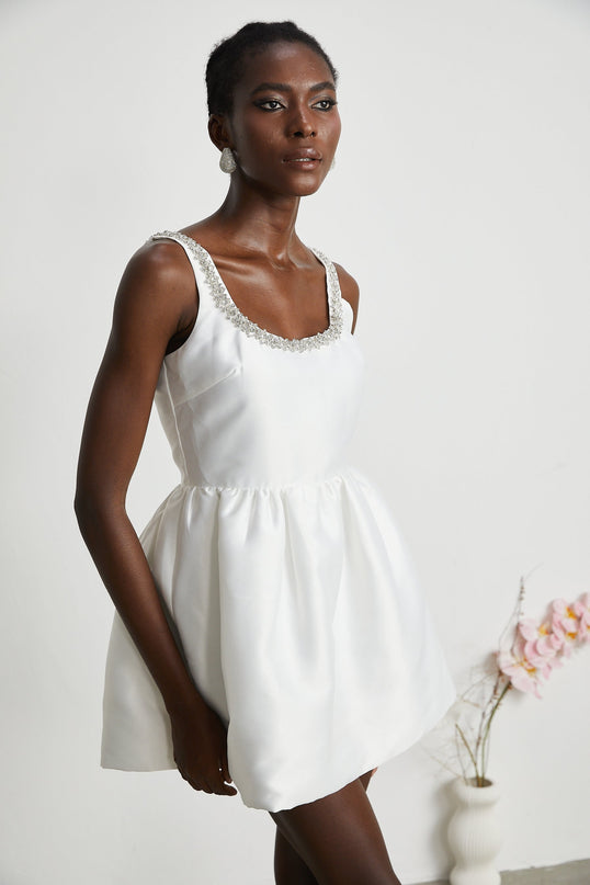 Ivanka White Crystal Embellished Mini Dress Square Neck Sleeveless Cinched Waist A-Line Skirt Rear Zip Fastening Polyester Viscose Luxury Style