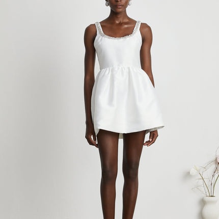 Ivanka White Crystal Embellished Mini Dress Sleeveless Cinched Waist A-Line Skirt Rear Zip Fastening Luxury Blend Polyester Viscose
