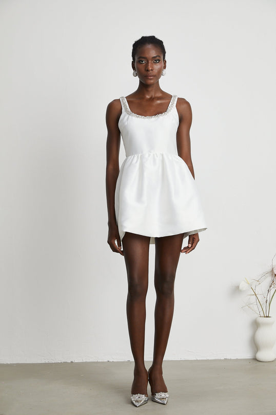 Ivanka White Crystal Embellished Mini Dress Sleeveless Cinched Waist A-Line Skirt Rear Zip Fastening Luxury Blend Polyester Viscose