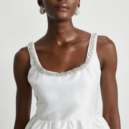 Ivanka White Crystal Embellished Mini Dress with Square Neck and A-Line Skirt