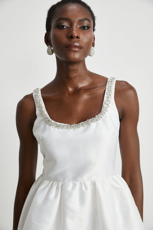 Ivanka White Crystal Embellished Mini Dress with Square Neck and A-Line Skirt