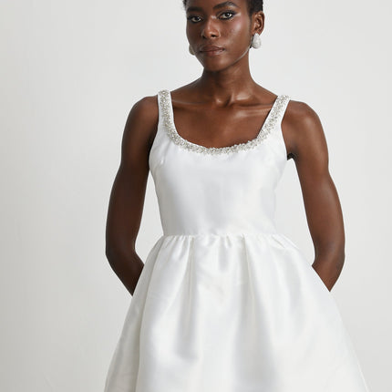 Ivanka White Crystal Embellished Mini Dress with Cinched Waist and A-Line Skirt