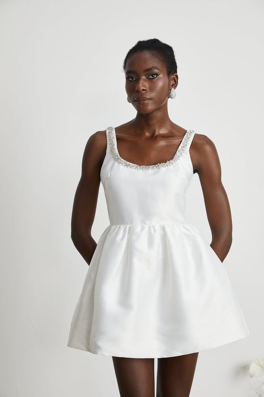 Ivanka White Crystal Embellished Mini Dress with Cinched Waist and A-Line Skirt