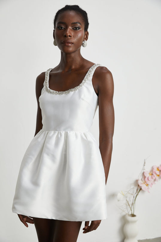 Ivanka White Crystal-Embellished Square Neck Mini Dress