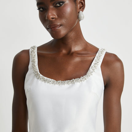 Ivanka White Crystal Embellished Mini Dress Square Neck Sleeveless Cinched Waist A-Line Skirt Rear Zip Fastening Luxury Blend Polyester Viscose