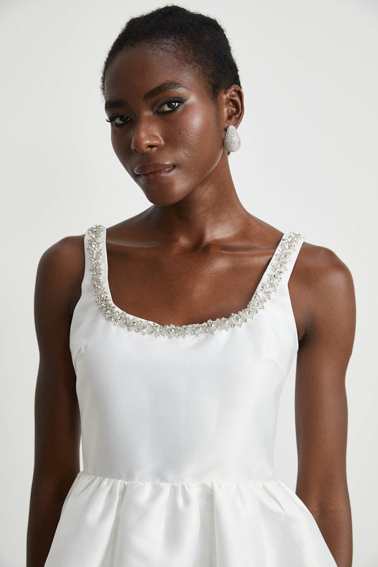Ivanka White Crystal Embellished Mini Dress Square Neck Sleeveless Cinched Waist A-Line Skirt Rear Zip Fastening Luxury Blend Polyester Viscose