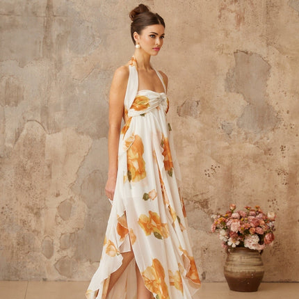 Ivanka White Floral Maxi Dress with Crystal Embellished Plaque and High Slit