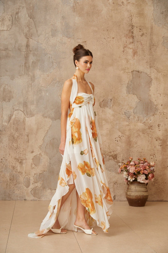 Ivanka White Floral Maxi Dress with Crystal Embellished Plaque and High Slit