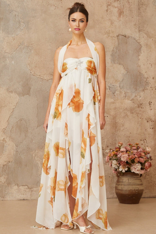 Ivanka White Floral Maxi Dress with Halterneck and High Slit