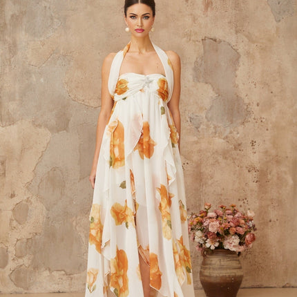 Ivanka White Floral Maxi Dress Halterneck Open Back Ruffles High Slit Crystal Embellished Plaque