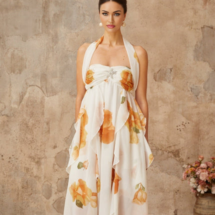 Ivanka White Floral Maxi Dress with Crystal Embellishment and High Slit