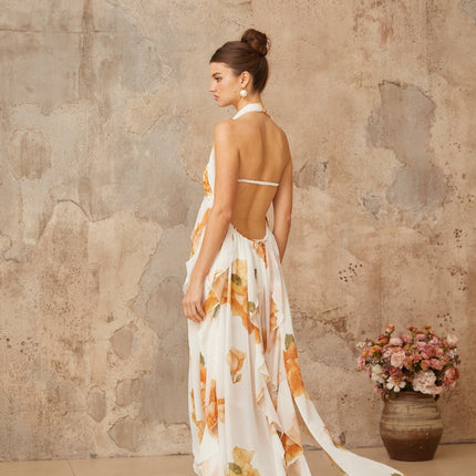 Ivanka White Floral Maxi Dress with Crystal Embellishment and High Slit