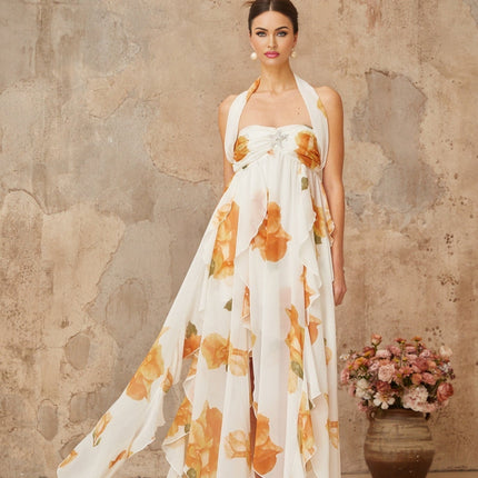 Ivanka White Floral Print Maxi Dress with Crystal Embellishment and High Slit