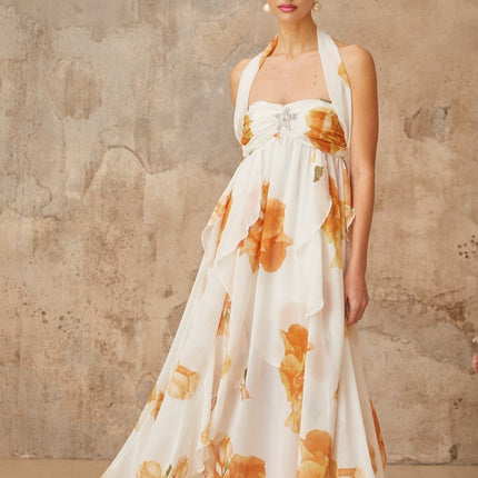 Ivanka White Floral Print Maxi Dress with Halterneck and Crystal Embellishment