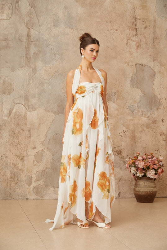 Ivanka White Floral Print Maxi Dress with Halterneck and Open Back