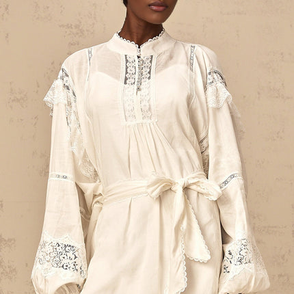Ivanka White Lace Mini Dress with Ruffle Bow Trim and Crystal-Embellished Buttons